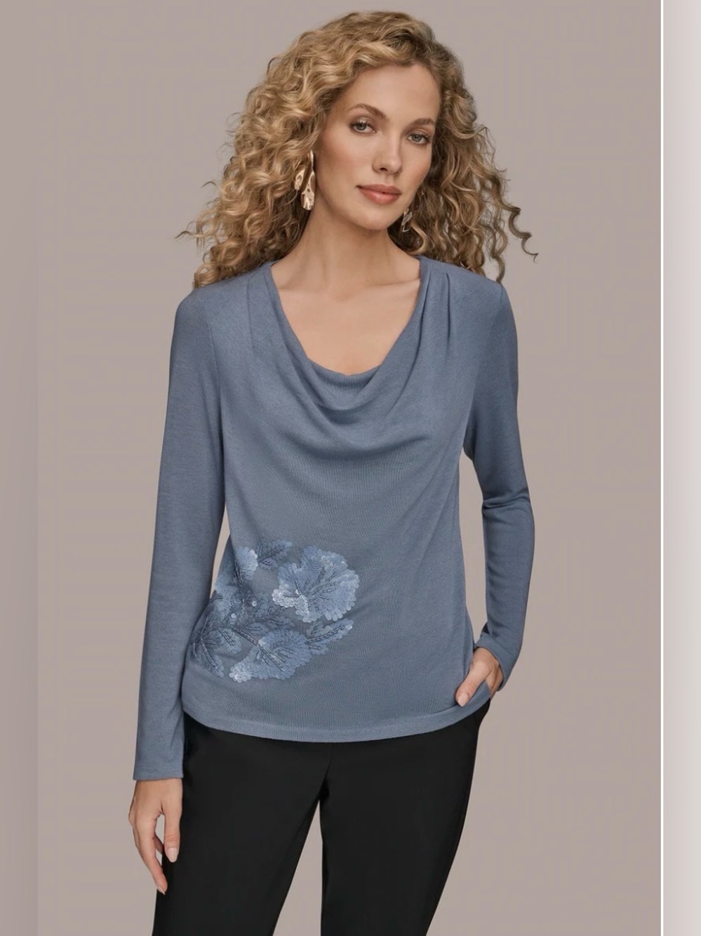 NWT Donna Karan Cowl Neck Long Sleeve Floral Embroidery Top. MEDIUM. Tempest.